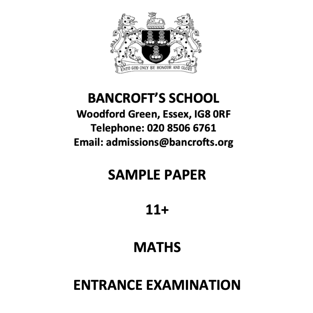 Cover page of Bancroft’s School mathematics sample paper 1 for 11+ entrance examination.