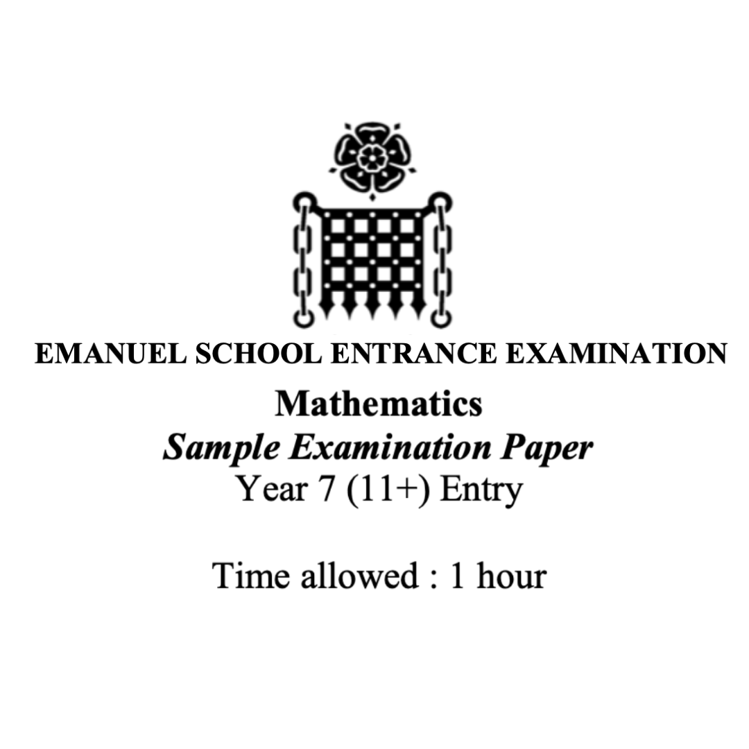 Cover page of the Emanuel School Mathematics entrance examination sample paper for Year 7 (11+), showing the school crest and exam details.