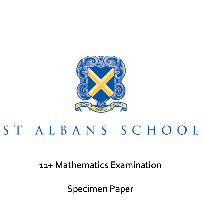 Cover page of St Albans School mathematics specimen paper for 11+ entry, showing the school crest.