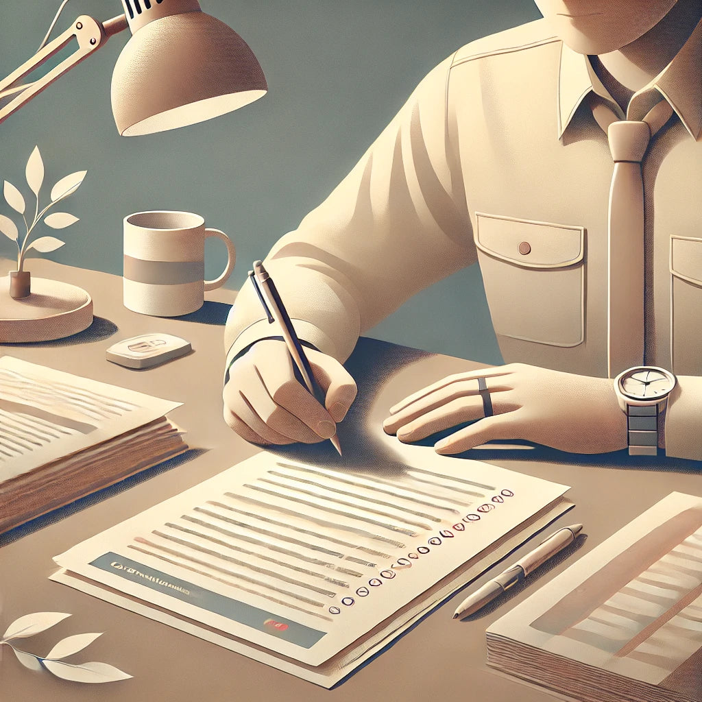 Illustration of a professional marking a mock exam paper at a desk, with a cup of tea, desk lamp, and organised stationery. Represents the detailed feedback and annotations provided during the mock exam marking process.