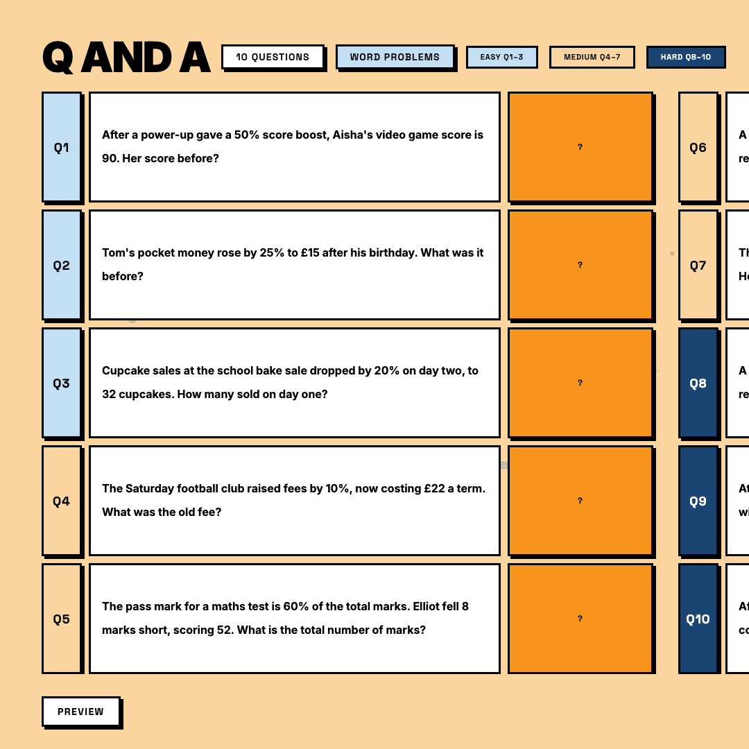 Hard tier word problem questions, Unit 6, answers hidden