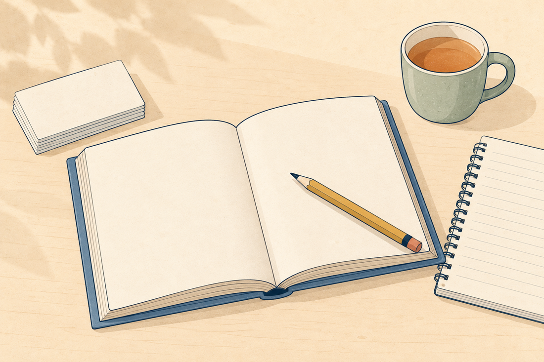 An open storybook with a pencil, a stack of index cards, a small notebook and a mug of tea