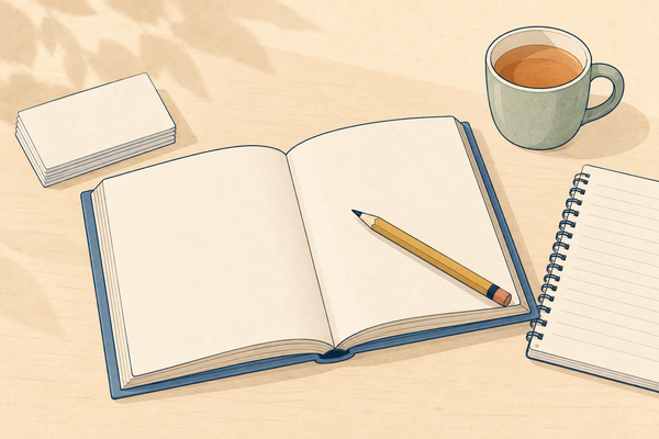 An open storybook with a pencil, a stack of index cards, a small notebook and a mug of tea