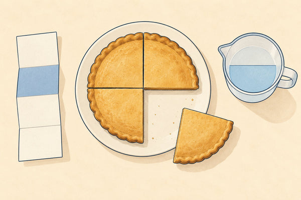 A pie cut into four equal quarters with one slice lifted away, a folded strip and a half full jug