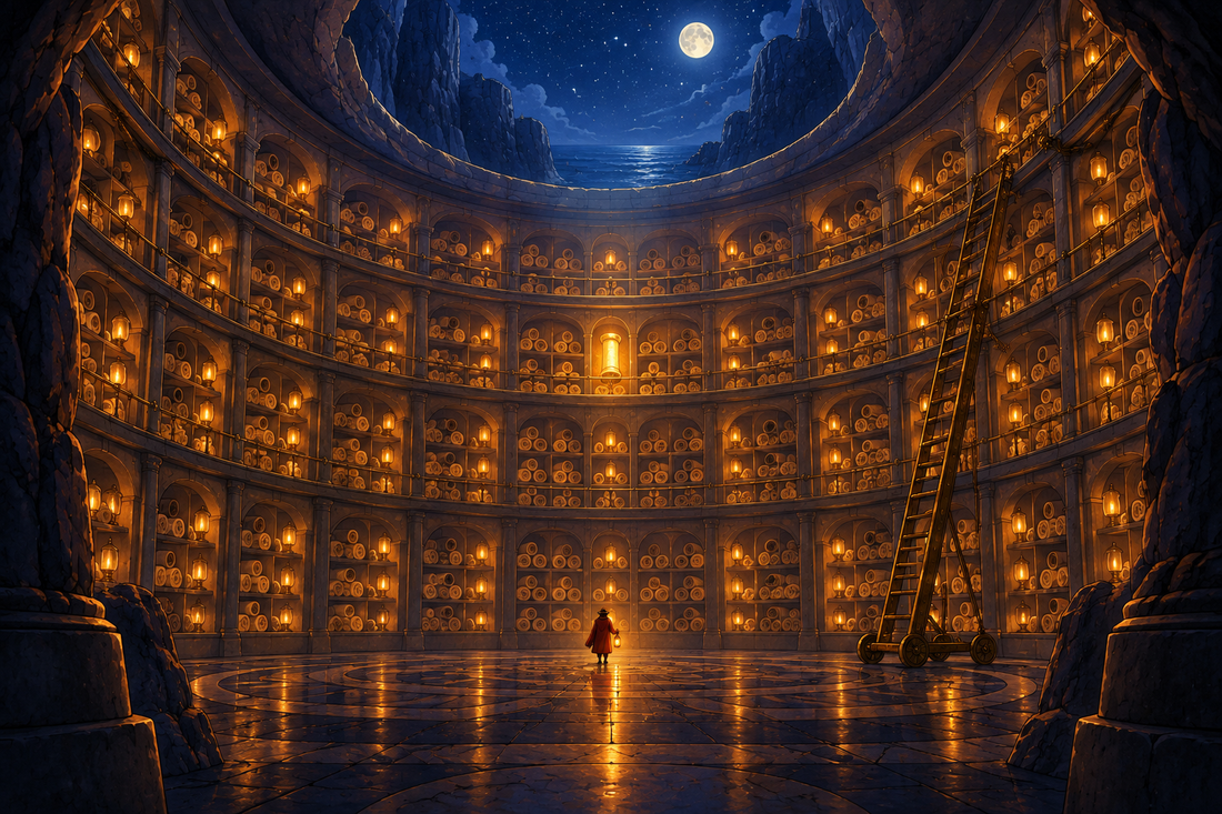 A vast circular archive carved into a cliff, its walls lined with thousands of glowing paper scrolls, a picture of a library of 11+ past papers