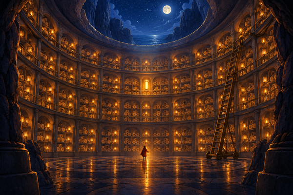 A vast circular archive carved into a cliff, its walls lined with thousands of glowing paper scrolls, a picture of a library of 11+ past papers