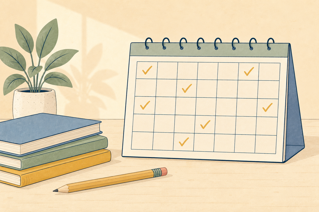 A desk calendar with ticks on some days, beside a stack of exercise books, a pencil and a plant