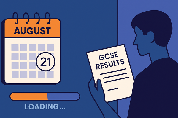 An August calendar with results day circled, beside a GCSE results slip and a loading bar
