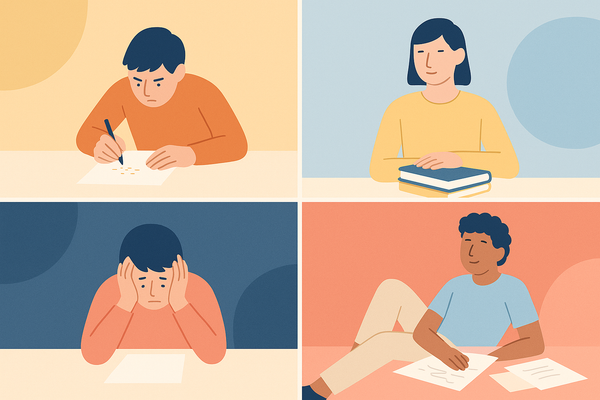 Four panels showing four different students working in four different ways