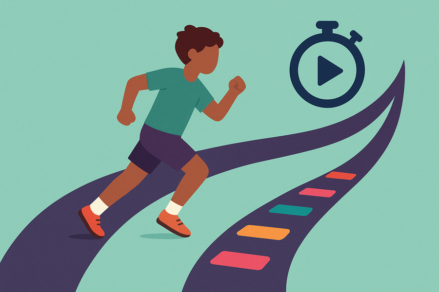 A runner sprinting along a track that turns into a coloured timeline, with a stopwatch ahead