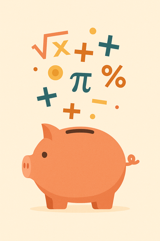 The Financial Value of GCSE Maths - Stylised piggy bank with floating maths symbols, used to illustrate the potential financial benefits of studying GCSE Maths.
