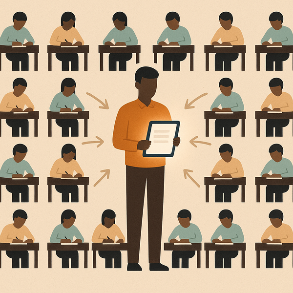 A teacher holding a tablet standing in front of rows of identical seated students