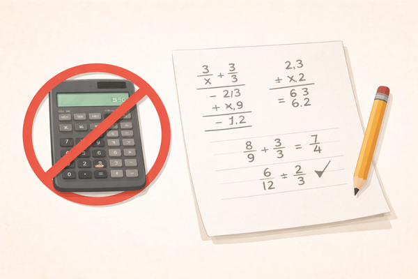 A calculator with a red cross through it, next to handwritten fraction working