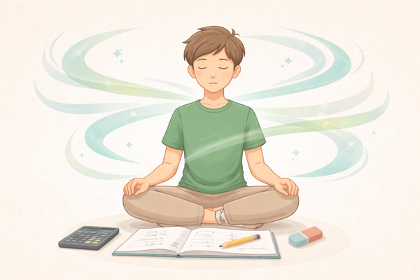 A student sitting cross-legged and calm beside an open workbook and a calculator