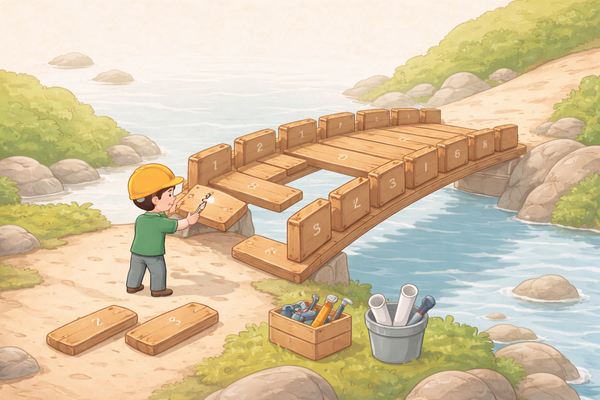 A worker laying planks to build a wooden bridge across a river