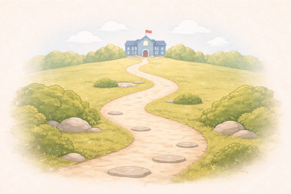 A winding path leading up a hill towards a school building