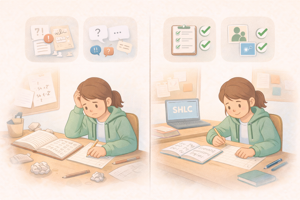 Split panel showing a student working alone on paper and the same student working on a laptop