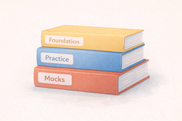 A stack of three books labelled Foundation, Practice and Mocks