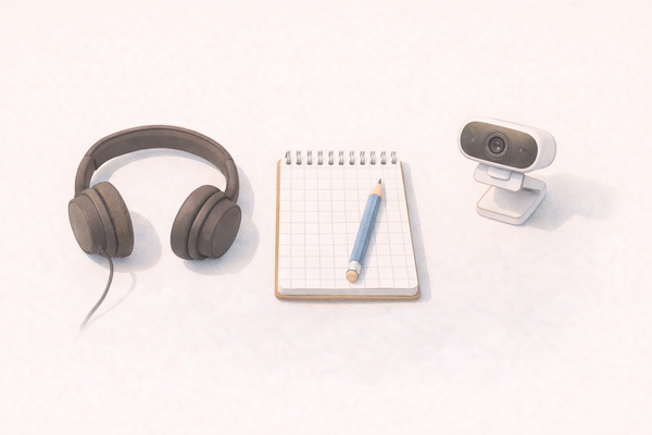 Headphones, a notepad and a webcam laid out ready for an online lesson