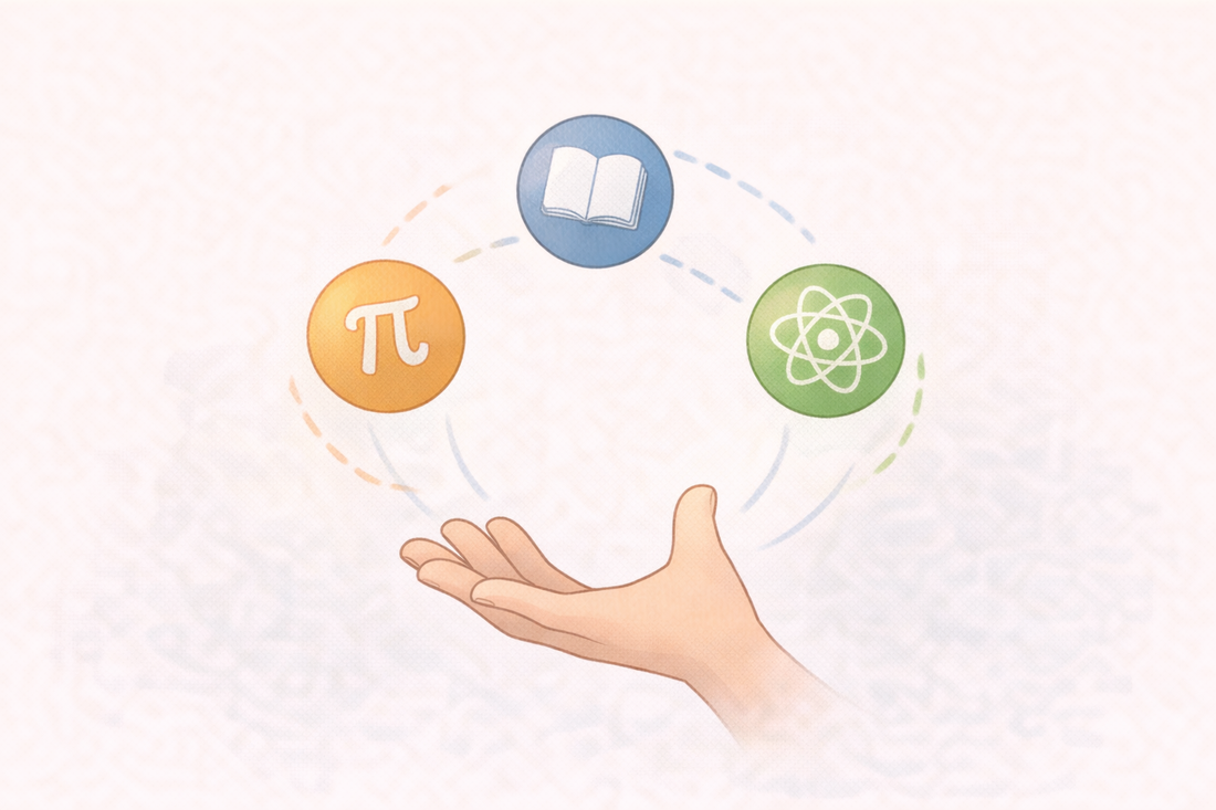 An open hand holding floating icons for maths, English and science
