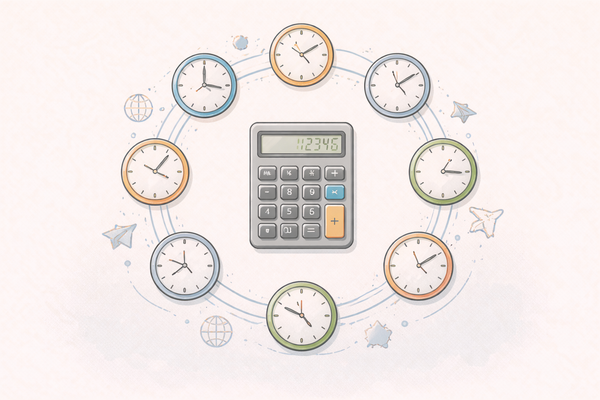 A calculator surrounded by a ring of clocks showing different time zones