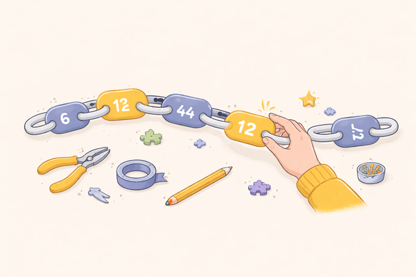 A hand mending a chain made of numbered links, with tools scattered around it