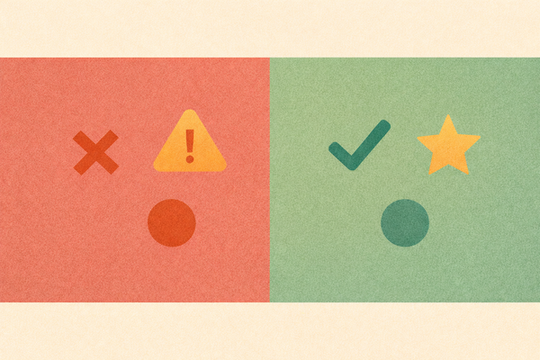 A split panel, warning icons on the red side and a tick and star on the green side