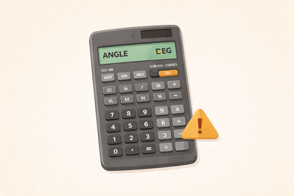 A scientific calculator with a warning triangle beside it