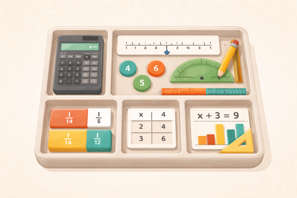 A tray of maths equipment including a calculator, protractor, fraction cards and equation cards
