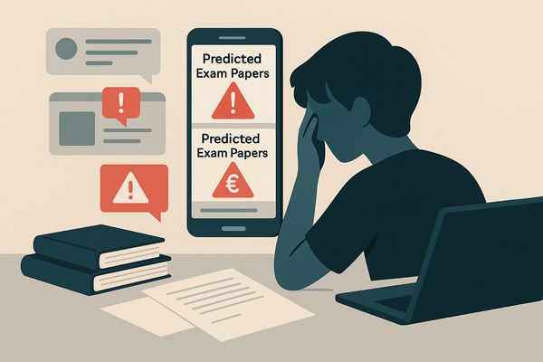 A student at a laptop surrounded by phone alerts advertising predicted exam papers