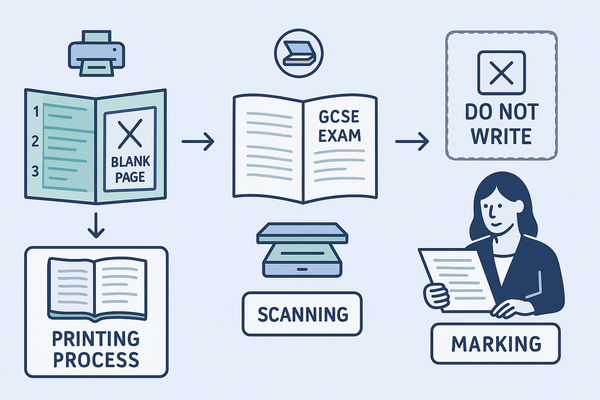 A flow diagram showing an exam paper being printed, scanned and marked, including a blank page