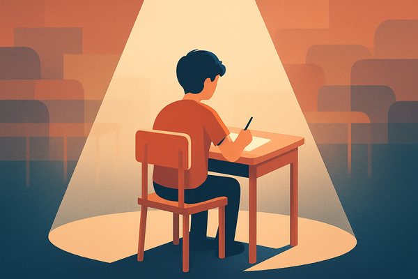 A student alone at a desk under a spotlight in an empty exam hall