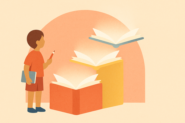 A young child standing in front of a large open book, holding a pencil