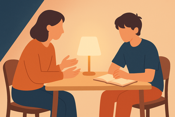 A parent talking with a teenager across a table by lamplight
