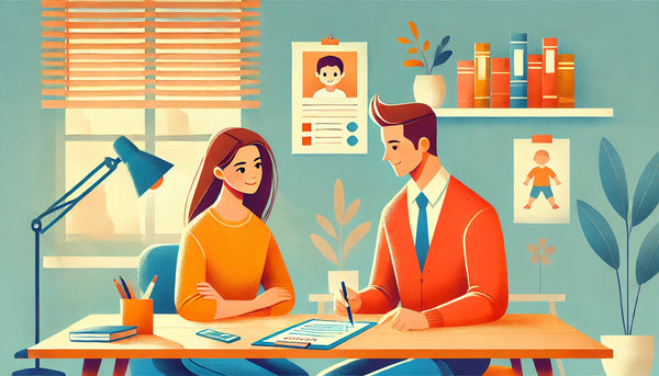 A parent and a teacher talking across a desk in a classroom