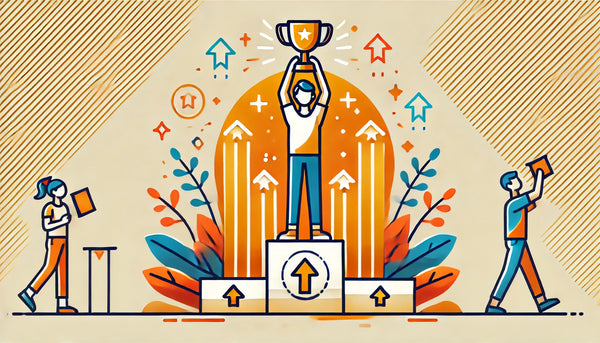 A student holding a trophy above their head on a winner's podium