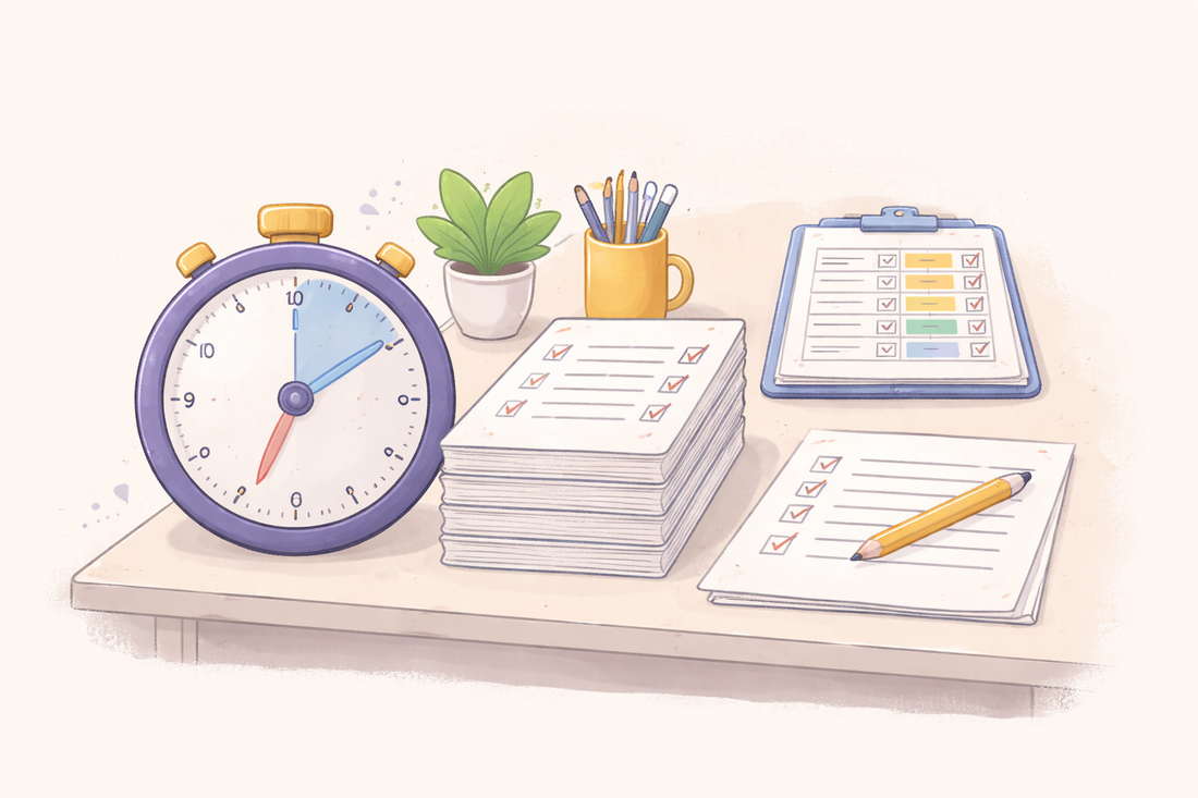 A stopwatch, marked exam papers and pencils laid out on a desk