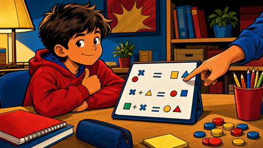 Child confidently working through algebra with a tutor pointing at a whiteboard, cartoon illustration