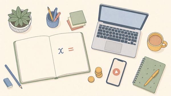 Flat doodle tidy desk from above with a workbook showing algebra symbols, laptop, coins and phone