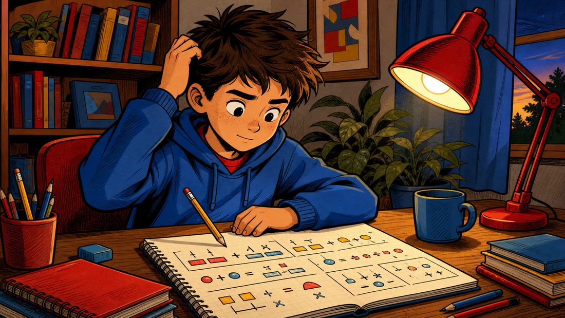 Child at a home desk thinking over an algebra worksheet, cartoon illustration