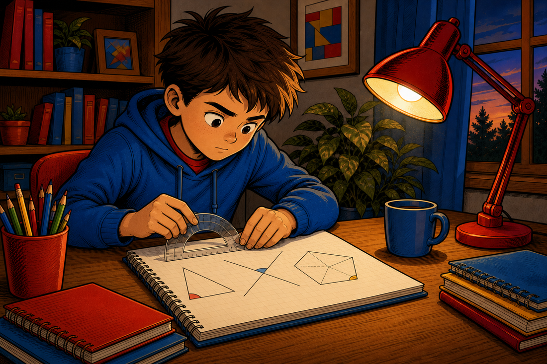 Child using a protractor on angle diagrams at a home desk, cartoon illustration