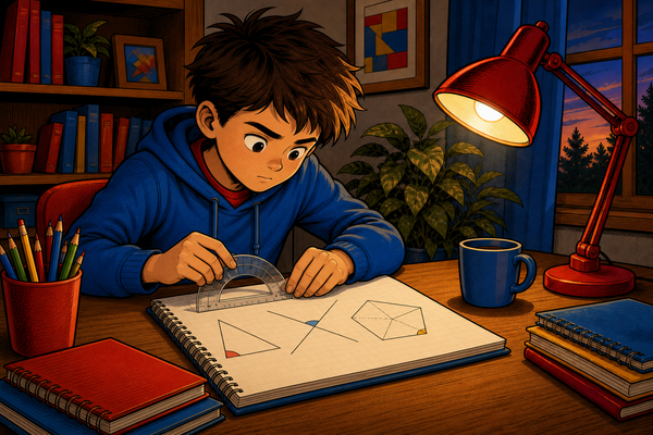 Child using a protractor on angle diagrams at a home desk, cartoon illustration