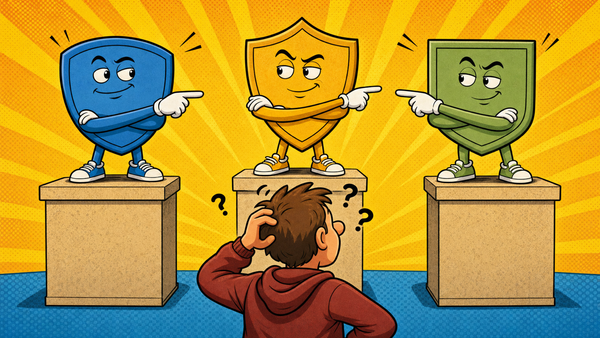Comic illustration of a confused child in front of three competing exam board mascot shields