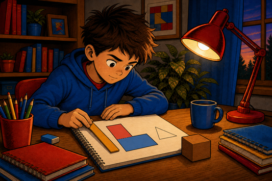 Child splitting a compound L-shape into rectangles at a home desk, cartoon illustration