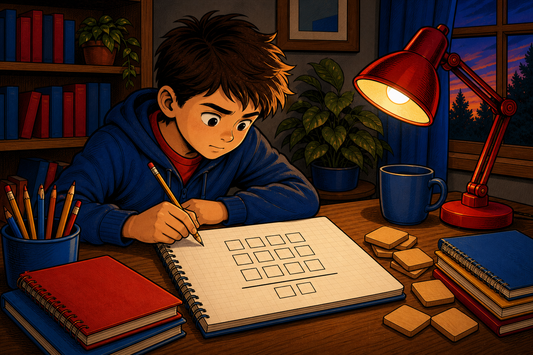 Child setting out a column calculation in a squared notebook, cartoon illustration