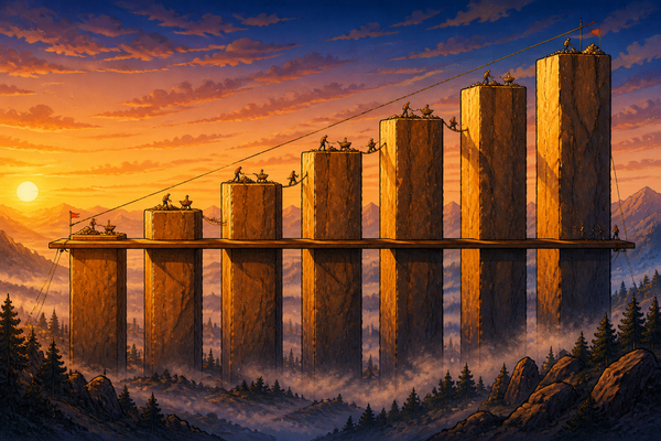A mountain range of rectangular rock columns of different heights with a level plank floating at mid height and workers levelling them, cartoon illustration