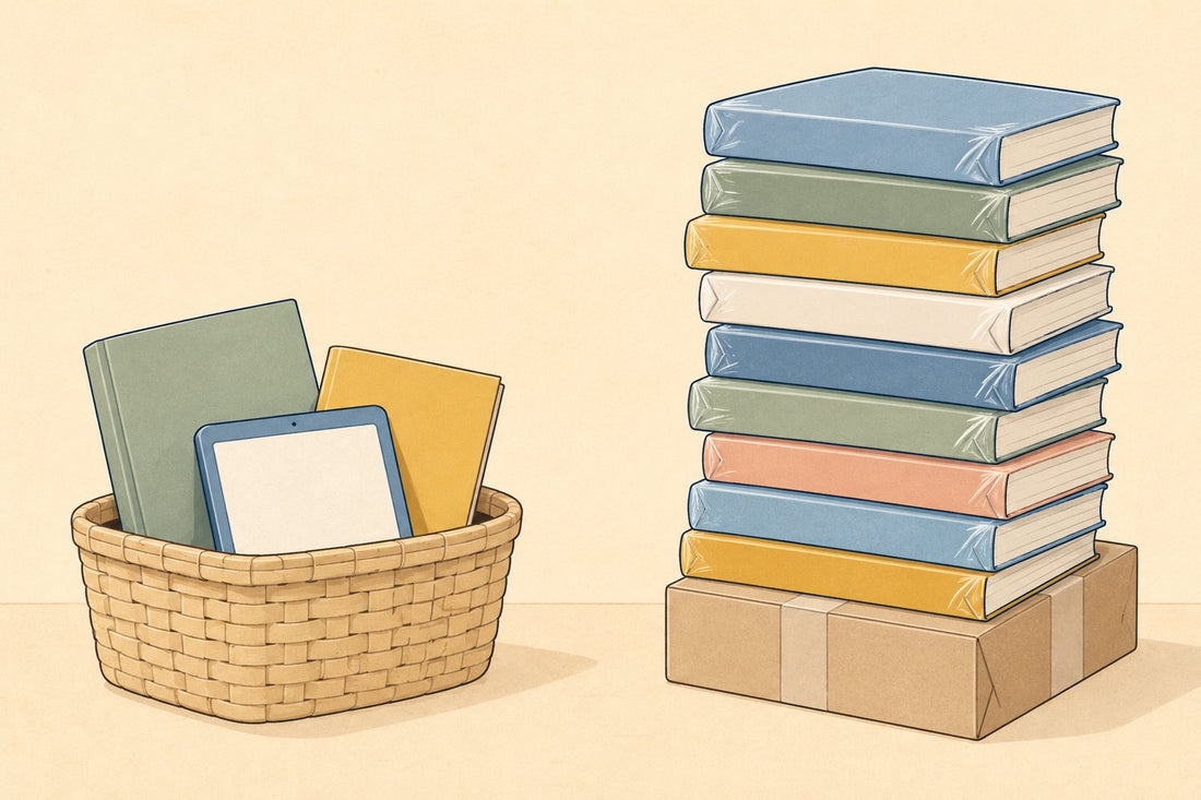 A small basket holding three chosen workbooks beside a tall pile of unopened workbooks