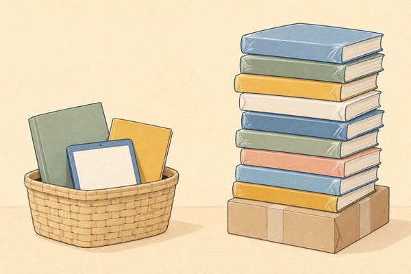 A small basket holding three chosen workbooks beside a tall pile of unopened workbooks