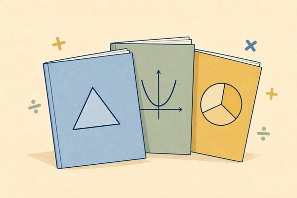 Three blank specification booklets fanned out, each showing a simple maths icon