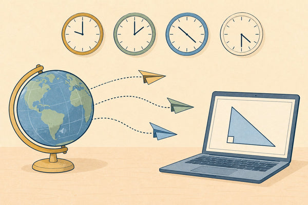 A globe linked by paper planes to a laptop, with four clocks showing different times